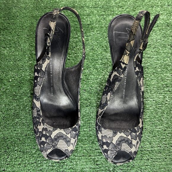 Giuseppe Zanotti Black Cream Lace Peep Toe Slingback Platform High Heels 38.5 - Picture 3 of 9